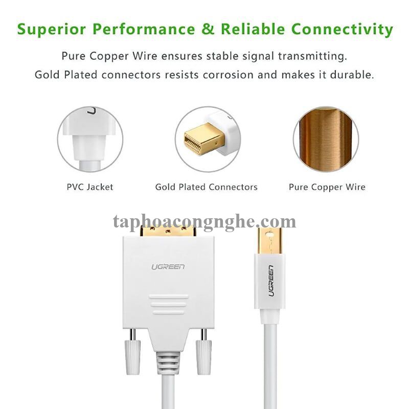 Ugreen 10425 3M Màu Trắng Cáp chuyển đổi Mini DP sang DVI 24 + 1 hỗ trợ phân giải 1080P MD102 30010425